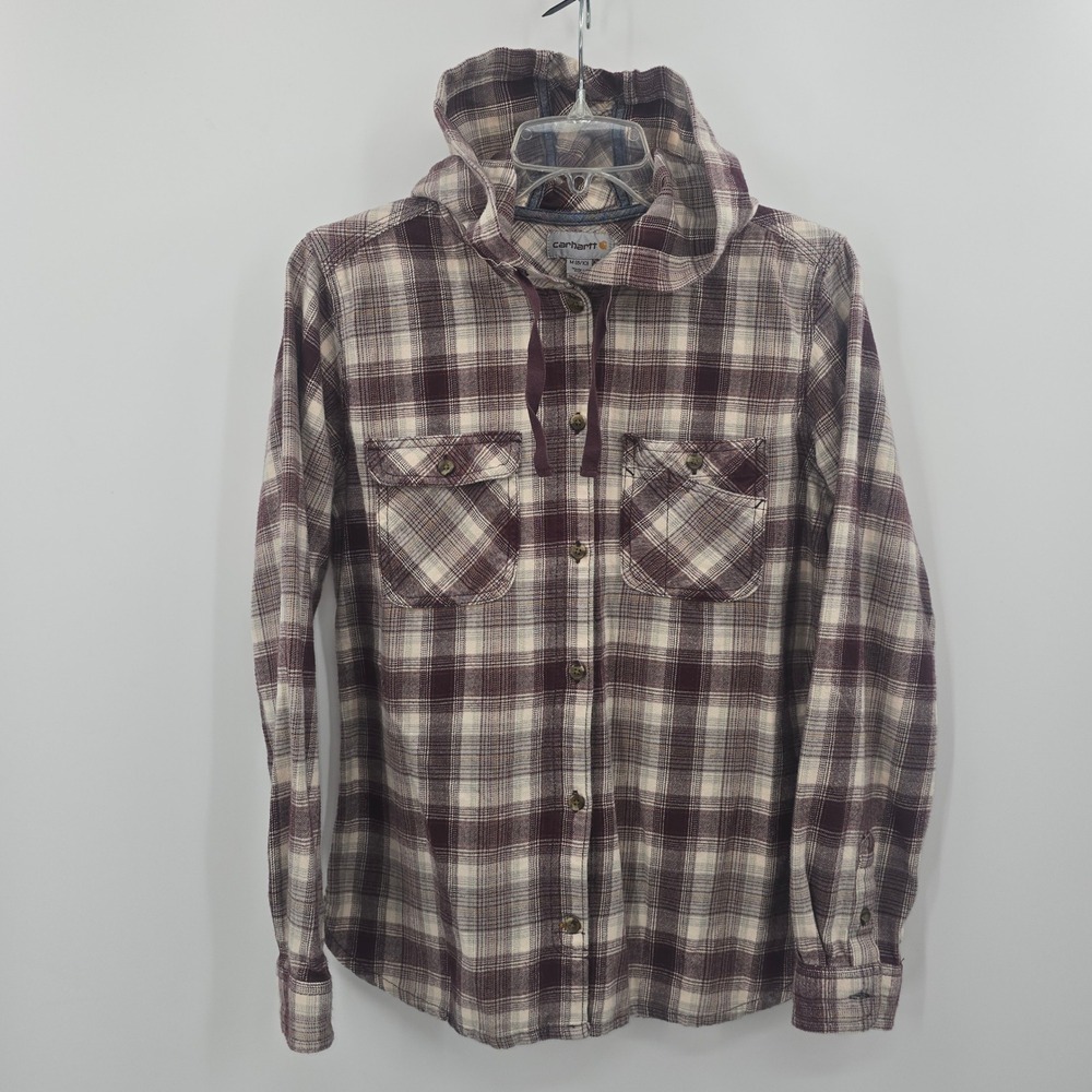 Carhartt Flannel Womens Medium Plaid Hooded Flannel Shirt Purple Cream